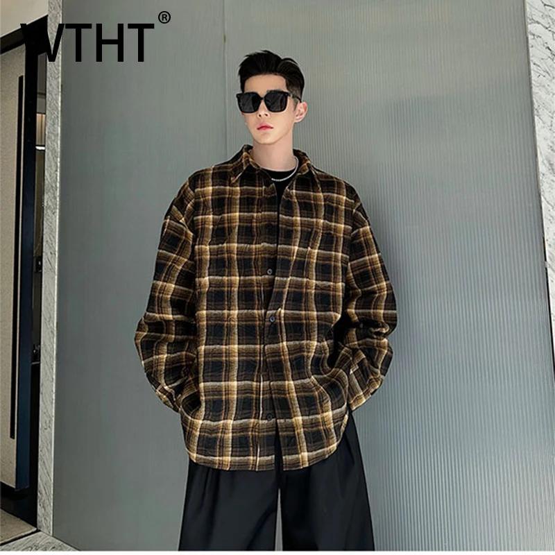 

WTHT Trendy Men's Plaid Loose Turn Down Collar Casual Shirts Fashion Long Sleeves Single-breasted Tops Male 2025 Autumn 2A1368