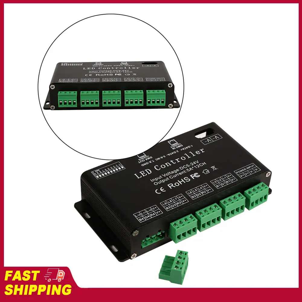 

DMX-декодер DC5V-24V, 6-канальный RGB LED контроллер, драйвер для светодиодных лент, черный цвет