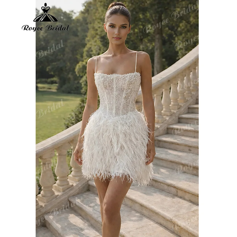 2027 Thin Strap Beaded Corset Mini Wedding Dress Lace Up Back Ostrich Feather Skirt Short Civil Elopement Bridal Gown Customized