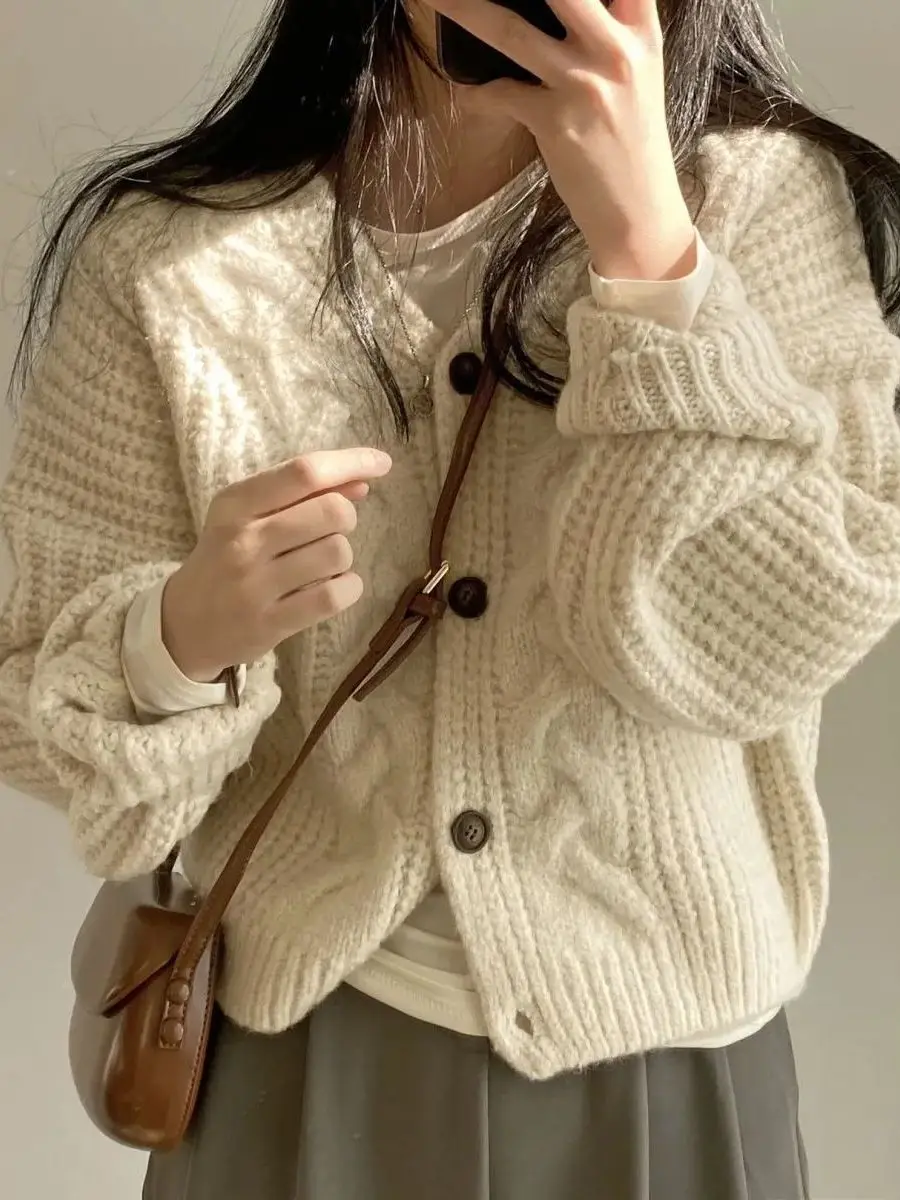 

Осень-зима, винтажный твидовый трикотаж Lazy Sle V-Ne, открытый кардиган, свитер, длинный свек, повседневная милая свободная верхняя одежда