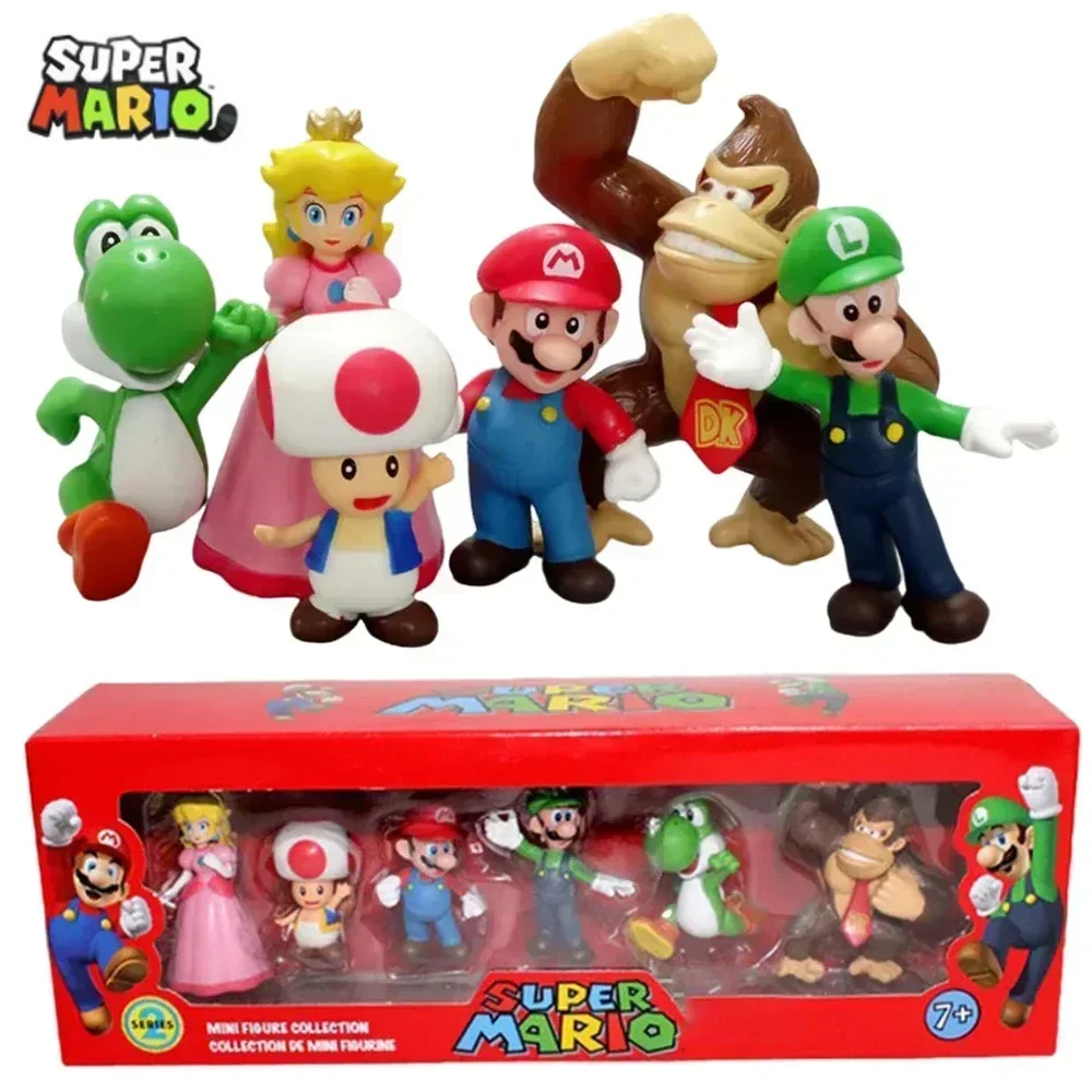 6 pièces figurine Super Mario figurines modèle jouets ensemble Super Mario Bros Luigi Yoshi âne Kong champignon pour enfants cadeaux d'anniversaire