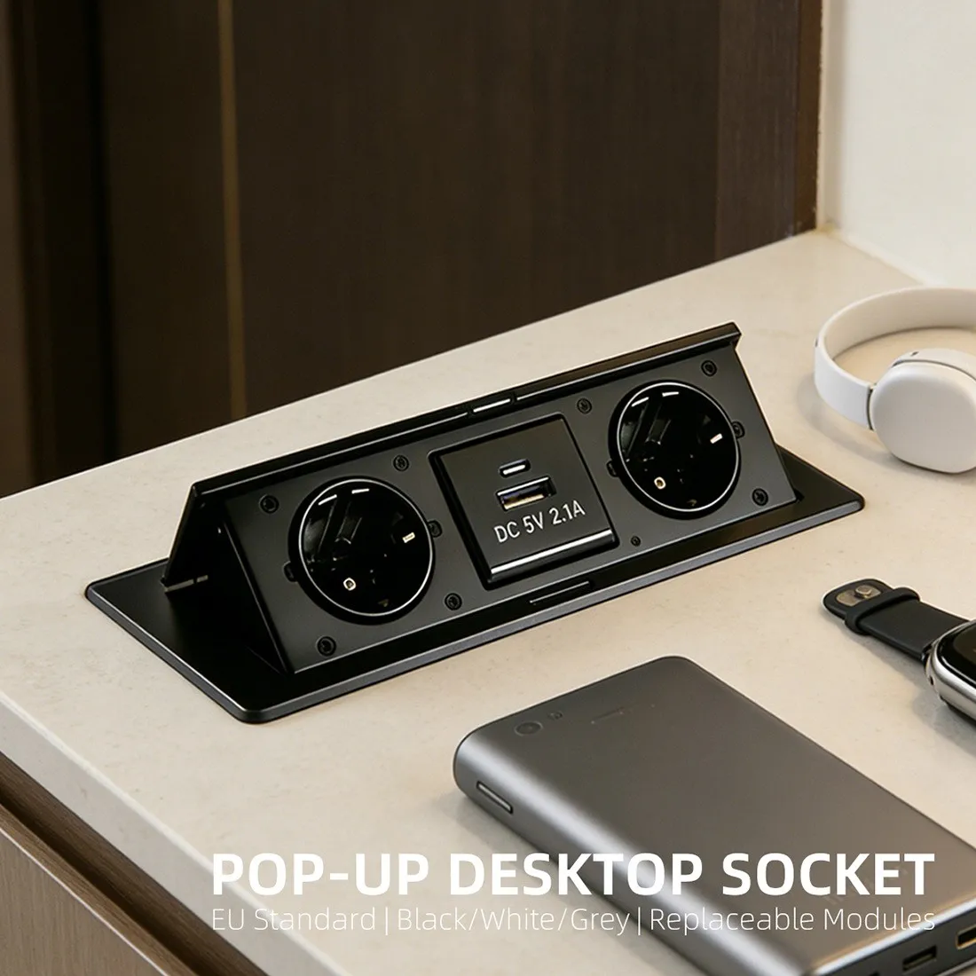 EU Embedded Pop Up Desktop Socket, Aluminum Alloy Buffer Flip Cover, Dual EU Plug USB Type-C Fast Charging Office Table Outlet
