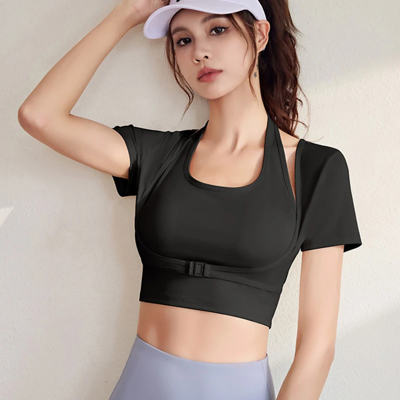 Short Sleeve Women Yoga Shirts Padded Gym Shirts Sportswear Fake Two Pieces Sports Tops With Underbust Fastener Fitness Crop Top