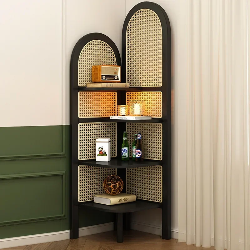 Solid wood corner cabinet, living room,small unit, floor to floor bookshelf,retro black rattan woven triangular cabinet, movable