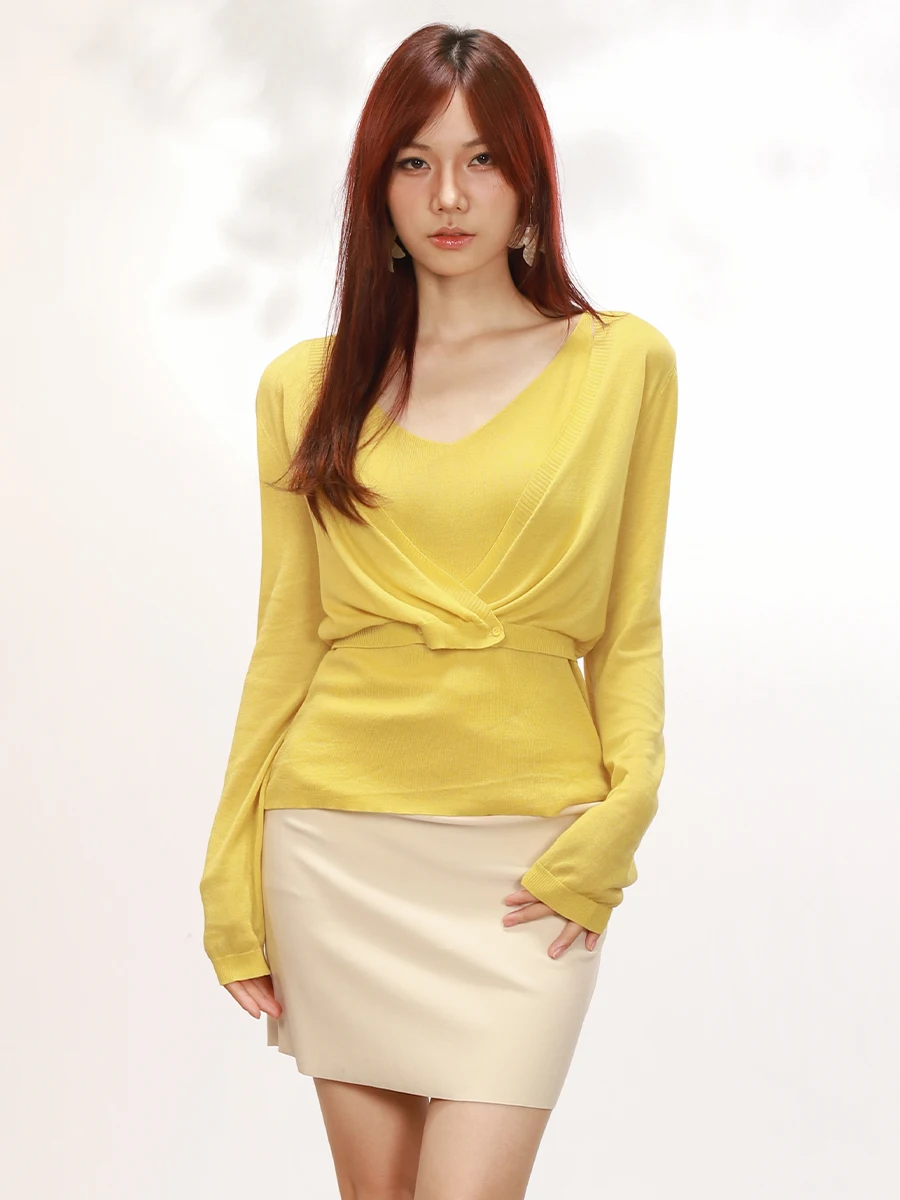 

Women's V-Ne Long Sve Button-Up Cardigan Vest Set Slim Fit Casual Wear High Elastici Pure Color Commute Sle