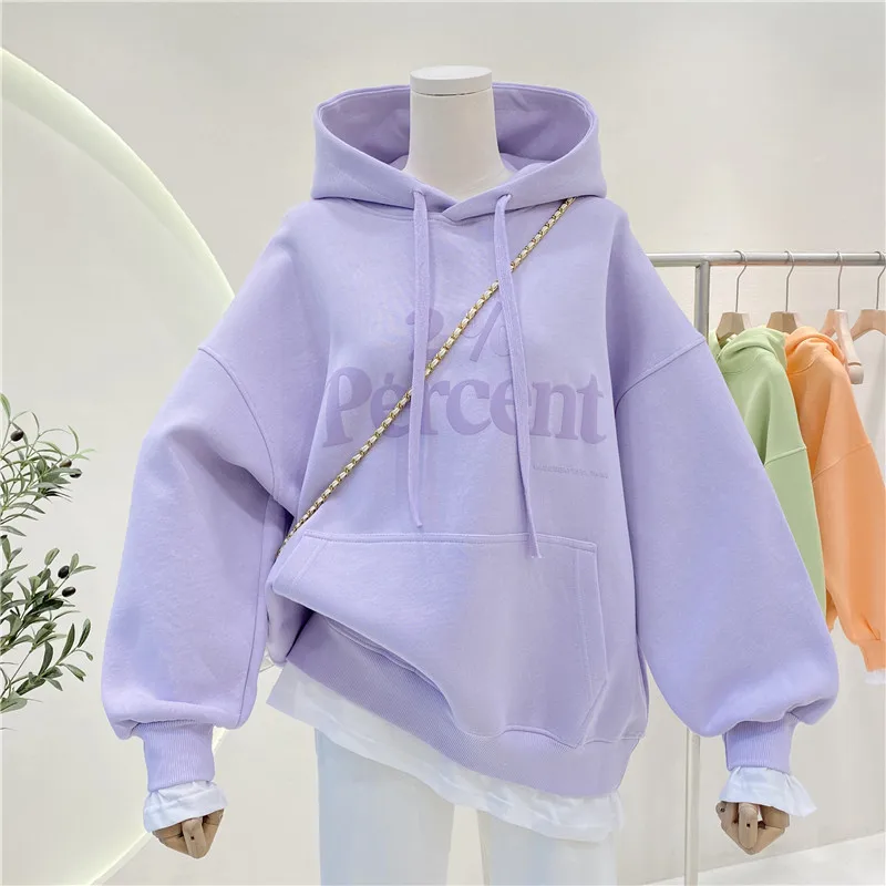 Women\'s Light Green Pullover 2023 New Autumn Ladies Thin Letter Printing Panel Hooded Sweater Casual Loose Fashion Versatile Top