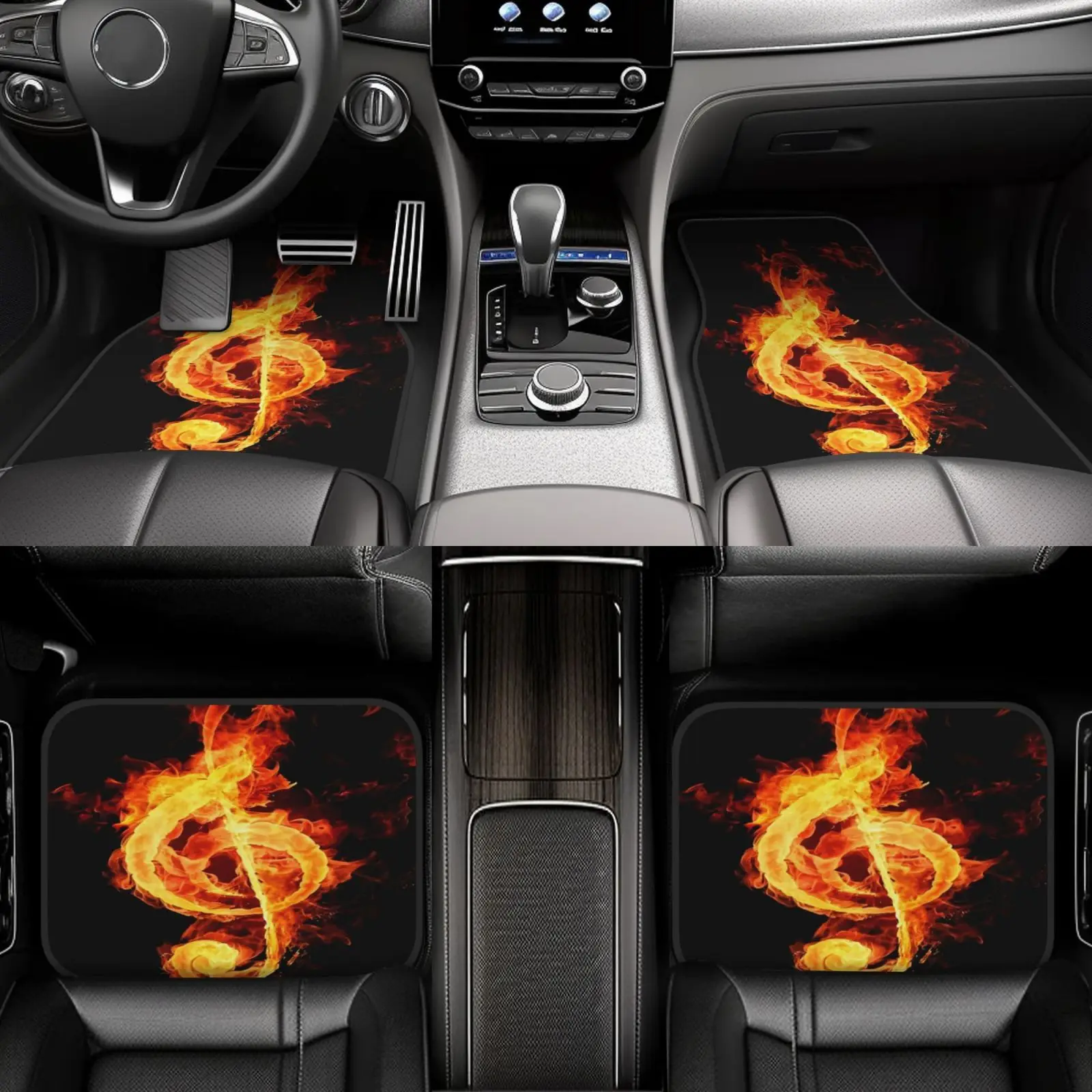 4pcs Set Flame Music Element Theme Crystal Velvet Printed Car Floor Mats Easy To Clean Interior Accessories Washable Suitable Fo