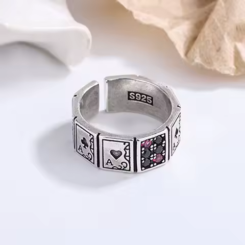 Exaggerated Personality Poker Design Shiny Crystal Retro Thai Silver Ladies Ring For Women Christmas Gifts No Fade
