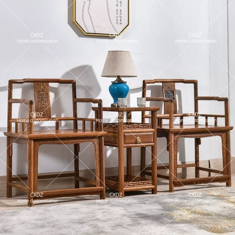 3 Piece Set Solid Wood Rose Chair Chinese Style South Official Hat Chair Antique Backrest Armchair Living Room Furniture