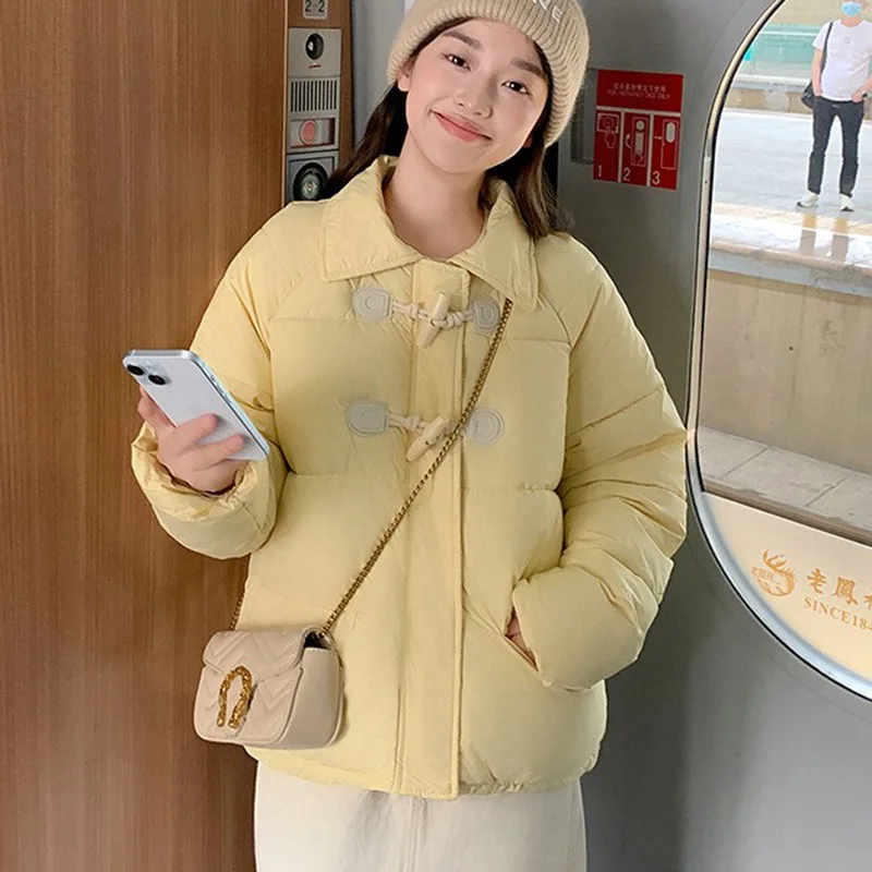 Solid Color Simple Short Cotton Jacket for Women 2024 Winter Cow Horn Button Sweet and Loose Thick Cotton Jacket for Girls