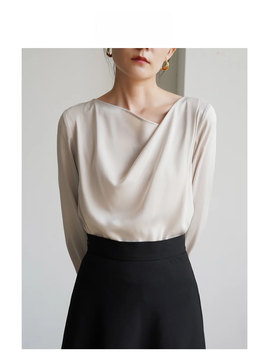 

Elegant Long Sleeve Satin Shirt Women's Commute Drapey Neckline Commuter Pear Turbulence Ocean Wrinkle Glossy Top Spring