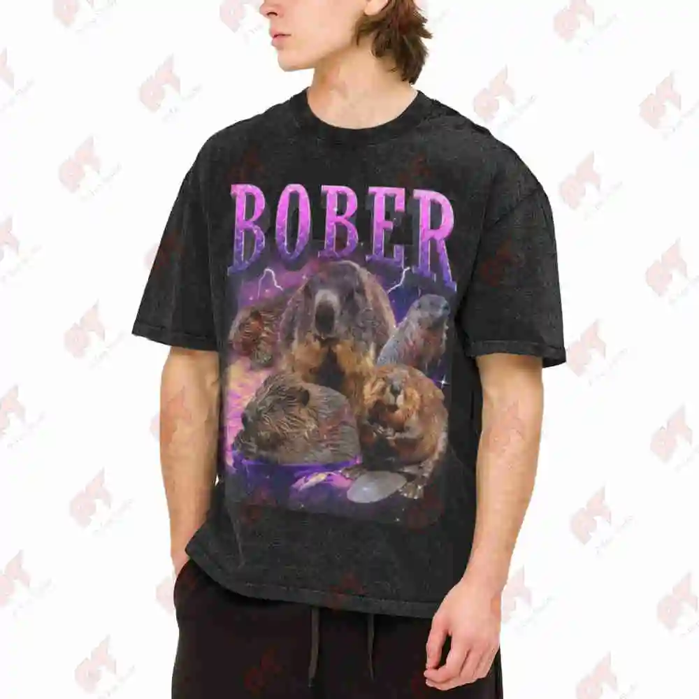 Bober Funny Beaver Meme 90s Vintage Washed Tee Pure Cotton T-Shirt