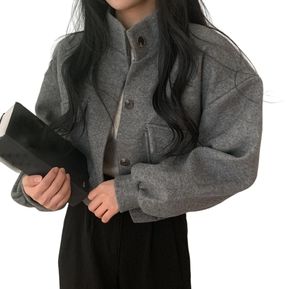 Retro Womens Solid Color Stand Collar Jacket Wool Polyester Blend for Vacation Beach Cycling and Outdoor Travel Wear