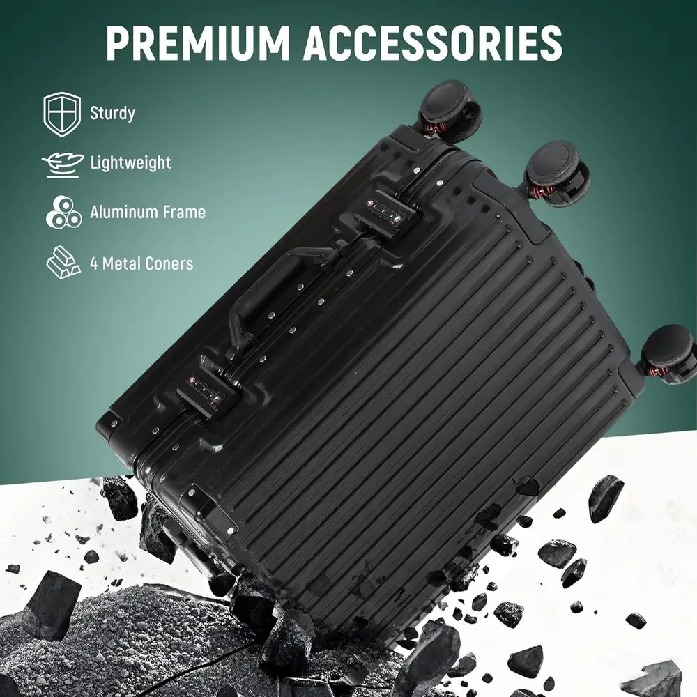 24 TSA-Lock Aluminum Frame Suitcase with Spinner Wheels, Cup Holder, Lightweight for Travel, Black