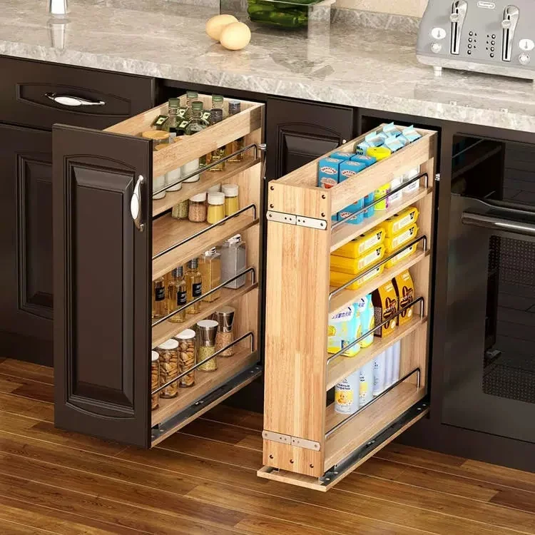-oo 4-Tier Wooden Pull Out Cabinet Organizer Spice Dish Storage Rack Drawer Type Pull-out Basket for Kitchen Interior Storage