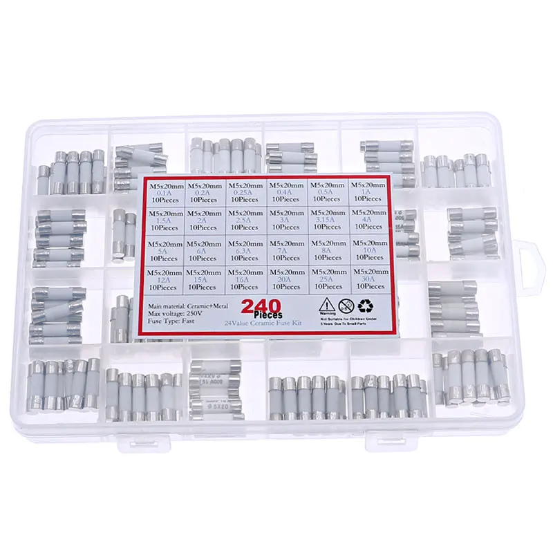 240Pcs 24Value 5*20mm Fast Blow Ceramic Fuse 250V 0.1A 0.25A 0.5A 1A 2A 2.5A 3A 3.15A 4A 5A 6A 6.3A 8A 10A 15A 16A 20A 30A