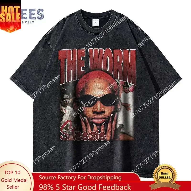 

Streetwear Dennis T-shirt Vintage Washed Rodman Oversized T Shirts Hip Hop Harajuku Tshirt Short Sleeve Tops Tees Men 100%Cotton