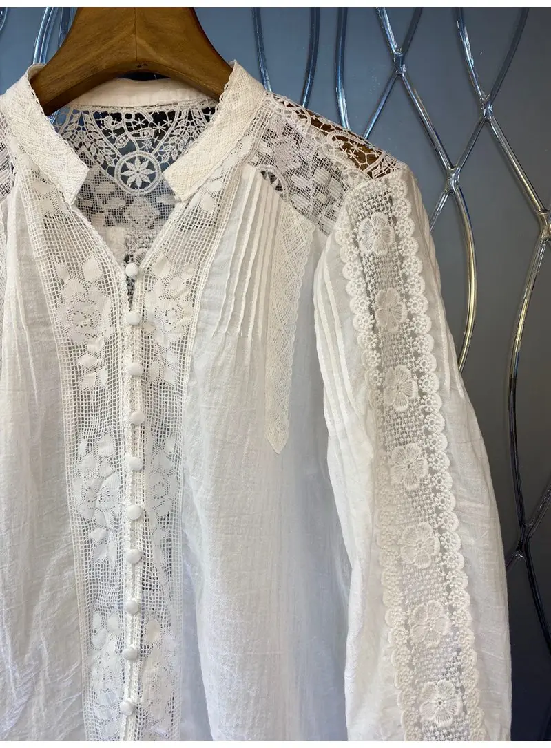 100%Cotton Blouse 2022 Spring Summer Fashion White Blouses Women Crochet Lace Embroidery Patchwork Long Sleeve Loose Tops Female