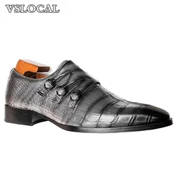 Luxury Men Leather Shoes Slip-On Black Croco Print Three Buckle Strap Loafers Mens Dress Shoes Wedding Office Shoes Men