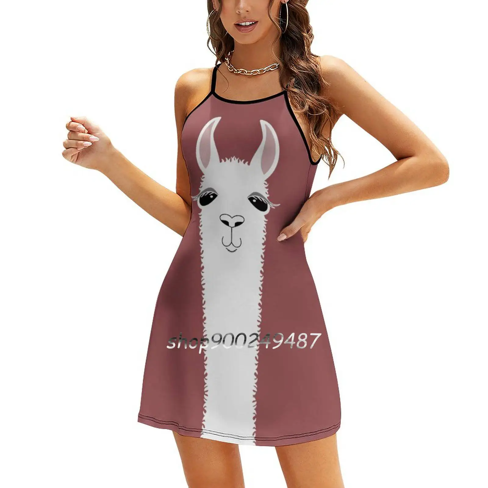 Marsala Llama Portrait Dresses For Women A-Line Korea Style Slim Long Sleeve Dress Pet Pets Portrait Llama Llama Alpacas Alpaca