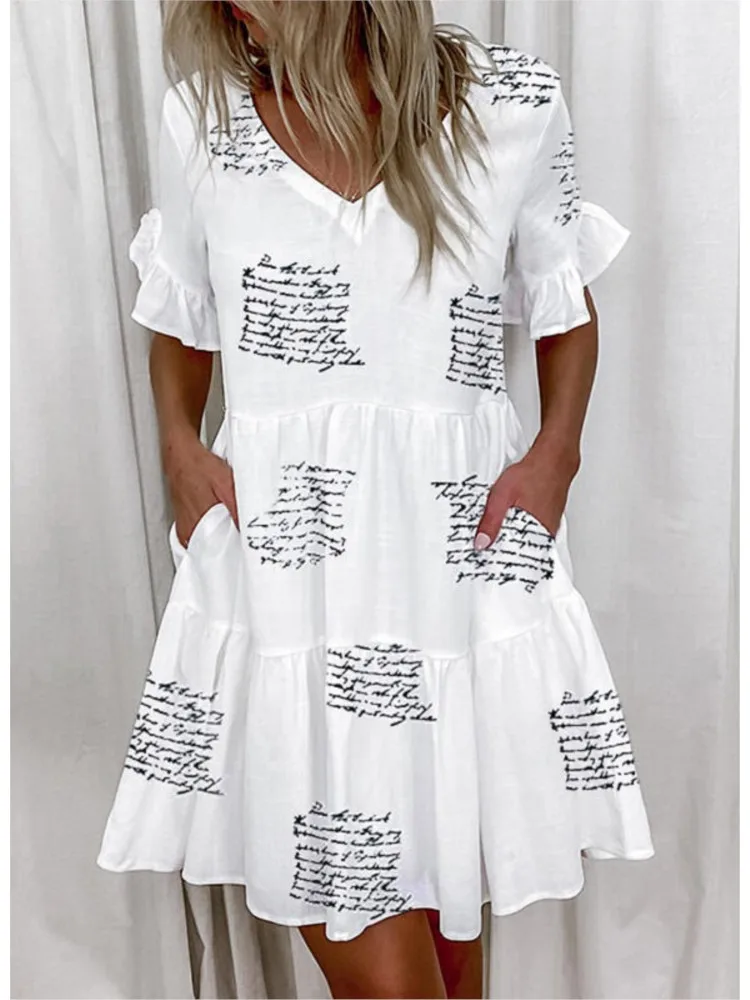 Fashion Ruffles V-Neck Loose Mini Dresses Women Summer Elegant Short Sleeve Pockets Floral Print Dress 2024 Casual Beach Dress