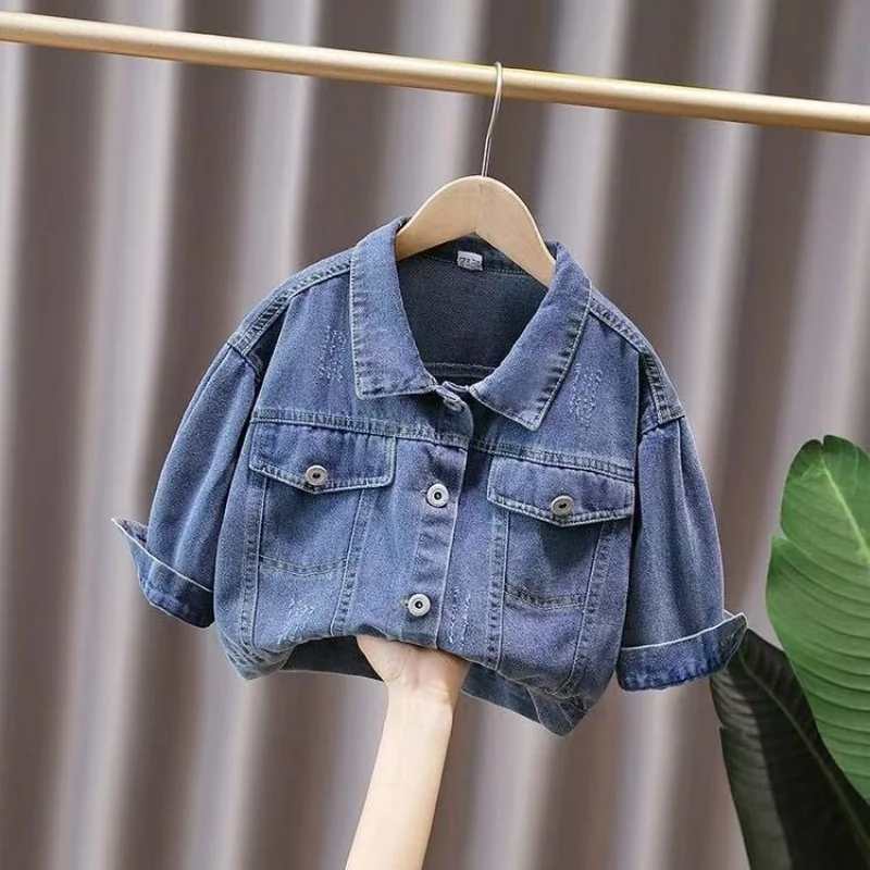 

Boys' Spring and Autumn Jacket, Girls' Solid Color Cowboy Coat, Middle and Small Children's Top