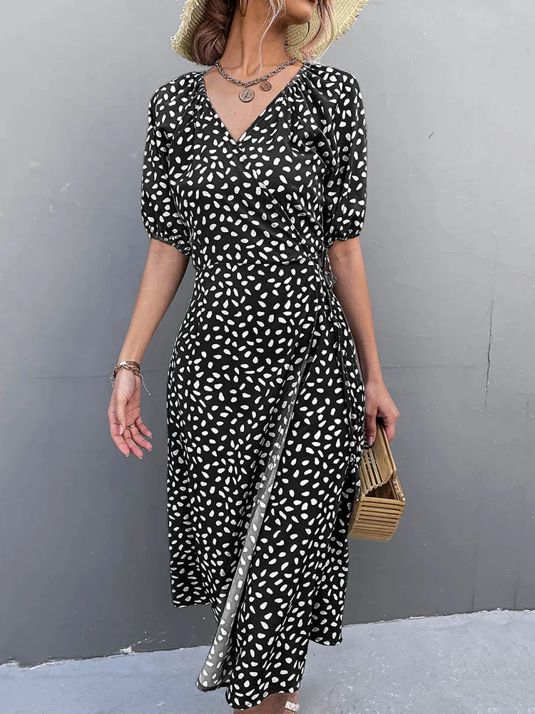 Szyfonowa sukienka damska V Neck Side Wrap Midi Dress Summer Polka Dot Dress Female Puff Sleeve Boho Fashion A-line Split Dress