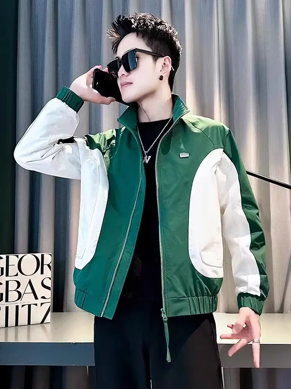 

Spring Autumn Men's Casual Stand Collar Patchwork Jaet Color Blo Design Faionable Versatile Polyester Long Sve Coat