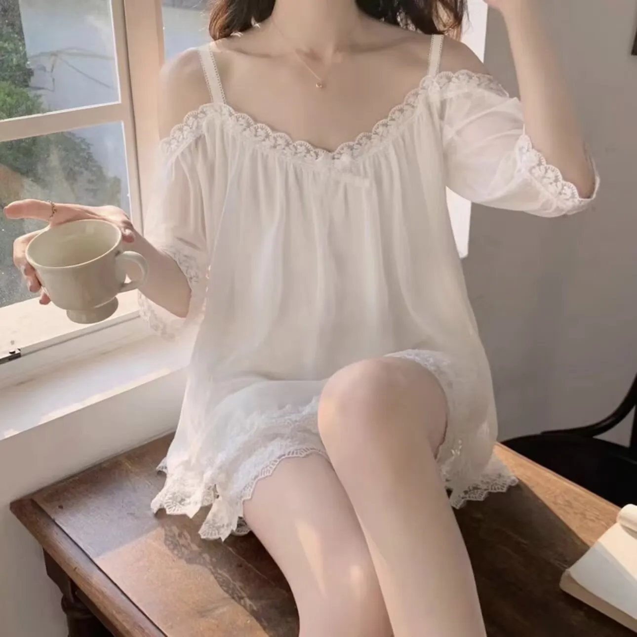 Women's One-word Collar Off-Shoulder Two-piece Set Court Style Pajamas Off-Shoulder Pajamas Lace White Large Size cw90487