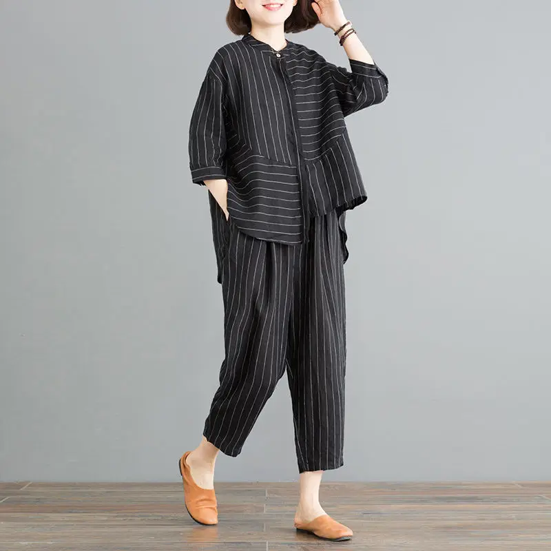 Summer Round Neck Half Sleeve Striped Single Breasted Shirt Sets Elastic Waist Cotton Hemp Pockets Loose Casual Haren Pants Suit