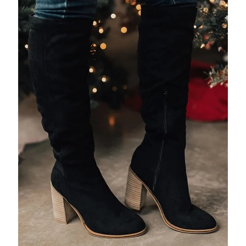

Knee High Boots Women 2025 New Thick Heel High Heel Small Person Show Thin Suede Boots Women Side Zipper Boots Brown