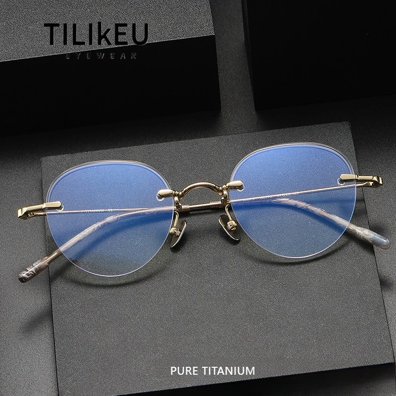 

Japanese Pure Titanium Retro Oval Rimless Glasses Frames Men and Women Optical Prescription Eyeglasses Frame Handmade Spectacle