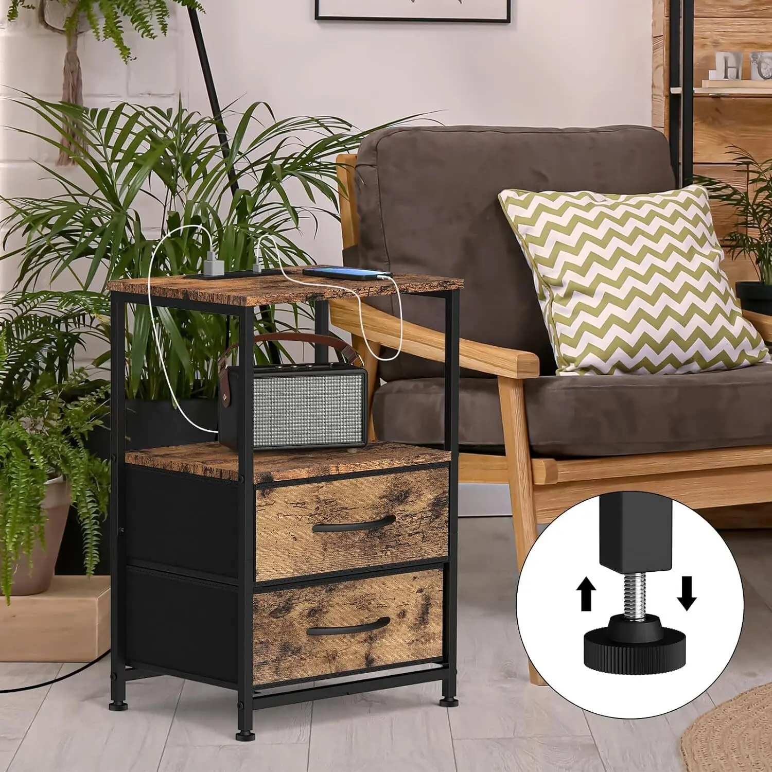 

Set of 2 Nightstand w/Charging Station & Fabric Drawer End Table Bedroom Storage