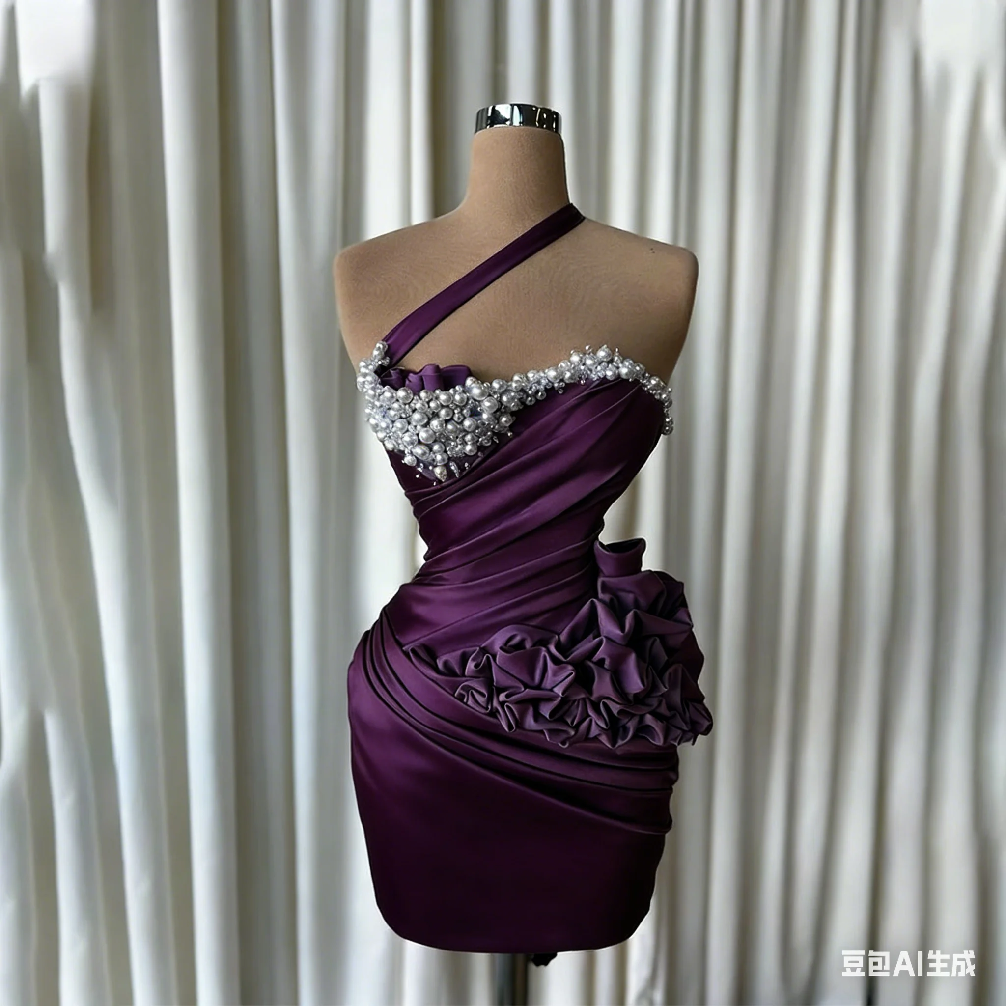Sexy Mermaid Short Ball Dress with Pleated Shoulder Strap Pearl Formal Evening Dress Suitable for Women's Party Gown Customized