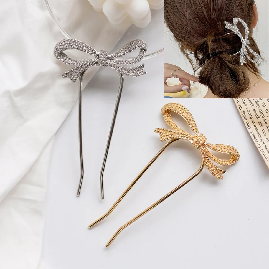 Elegant Women Bowknot U Shape Hairpins Metal Barrette Clip Bridal Hair Accessories Wedding Hairstyle Design Tools