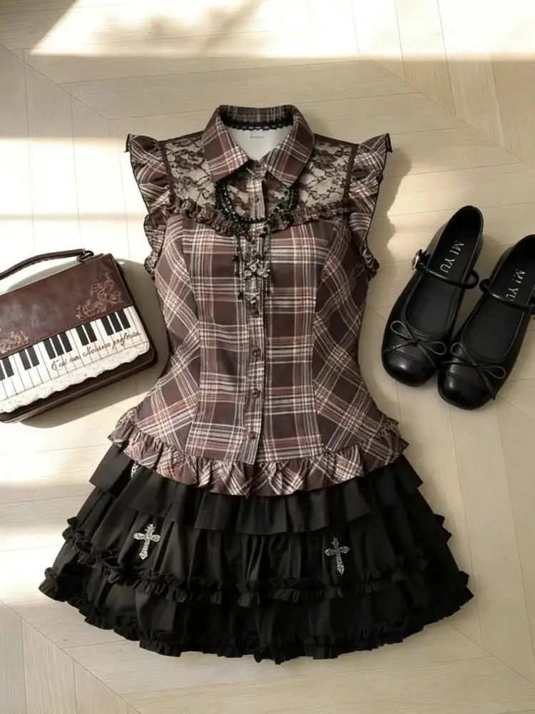 Japanese Sweet Elegant 2 Piece Set Women Harajuku Plaid Lace Design Tops+ High Waist Chic Skirt Female Korean Popular Clothes