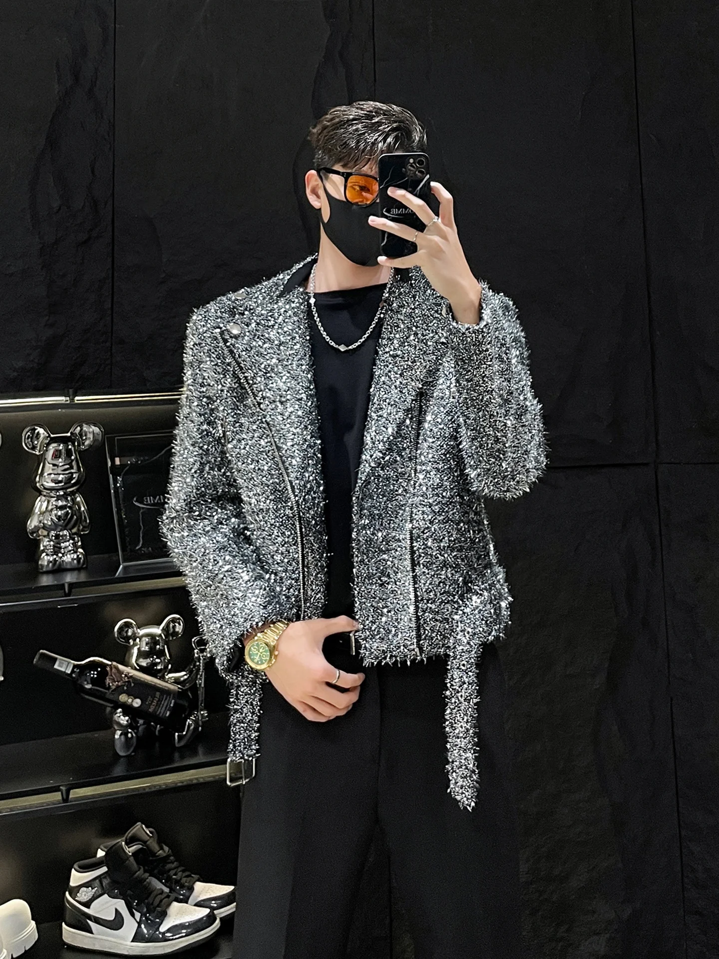 

HOMME Mirrorl Silver iny ort Jaet Men's Faion Autumn Suit Collar Padded oulder Outerwear Loose Fit Iron-Free Pol...