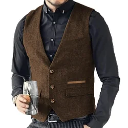 Men Vest Brown Solid Tweed Vest Retro Herringbone Vintage Wedding Groom Banquet Gilet Men Vest Suit