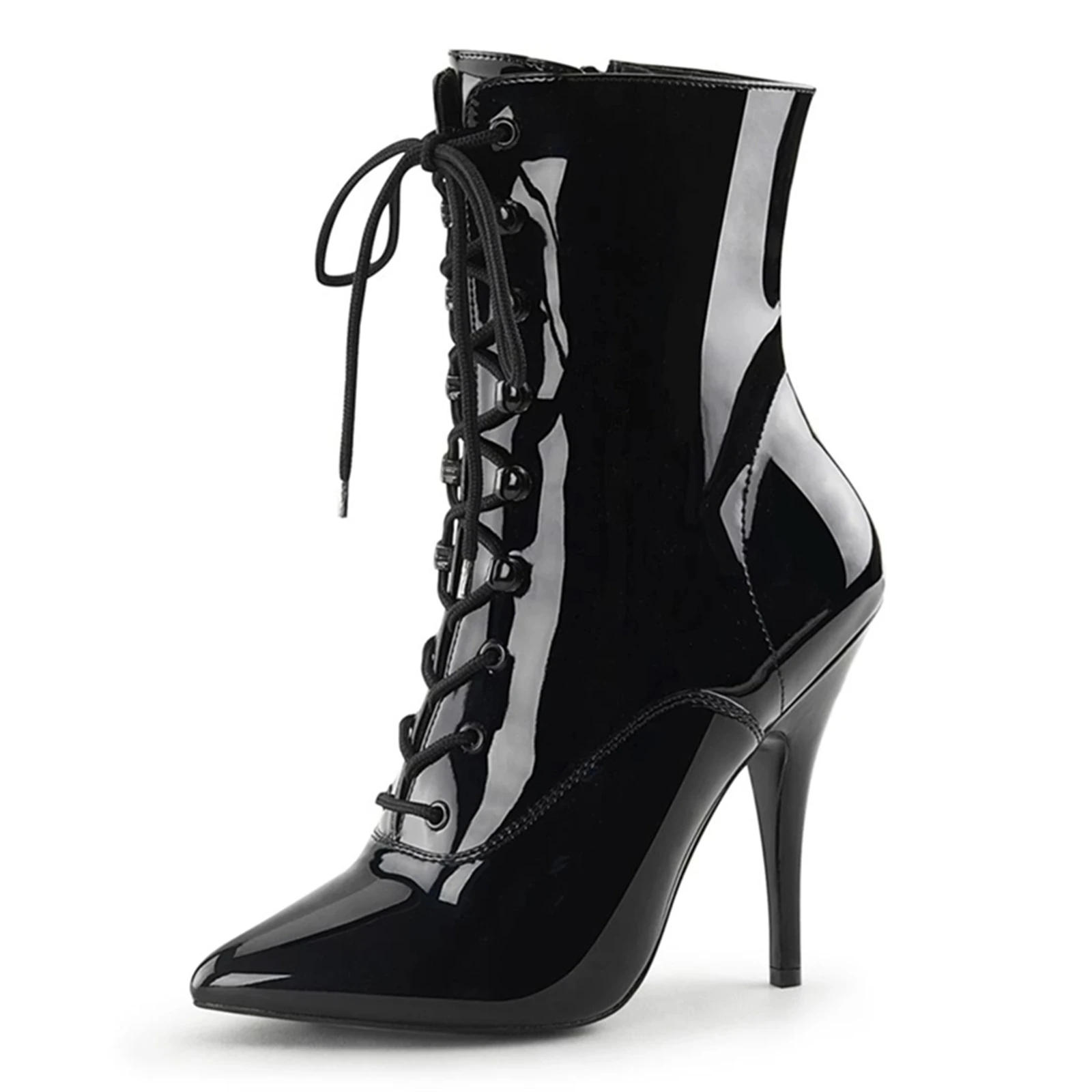 

13CM Black Patent Leather Ankle Boots for Women Pointed Toe Stiletto Heel Lace Up Sexy Club Night Party Shoes Handmade