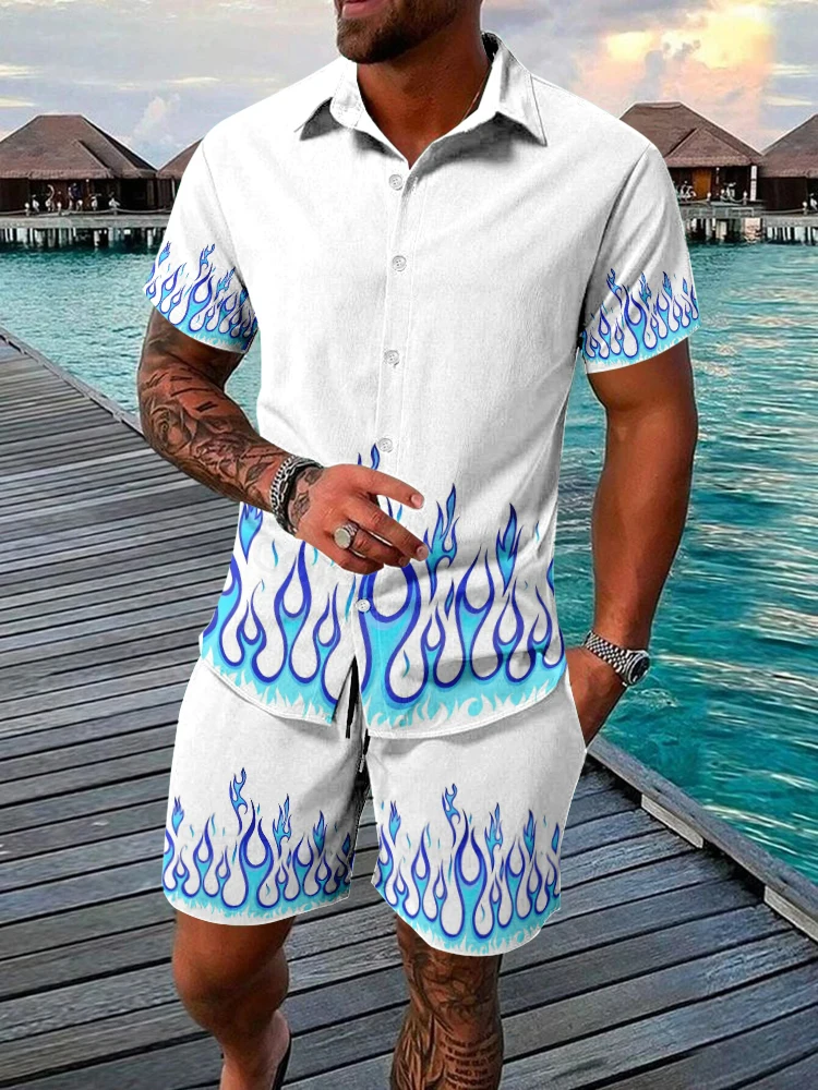 Setelan baju pantai lengan pendek Hawai pria, kemeja lengan pendek dan celana pendek pantai motif api 3D, baju kasual musim panas, celana pendek olahraga harian