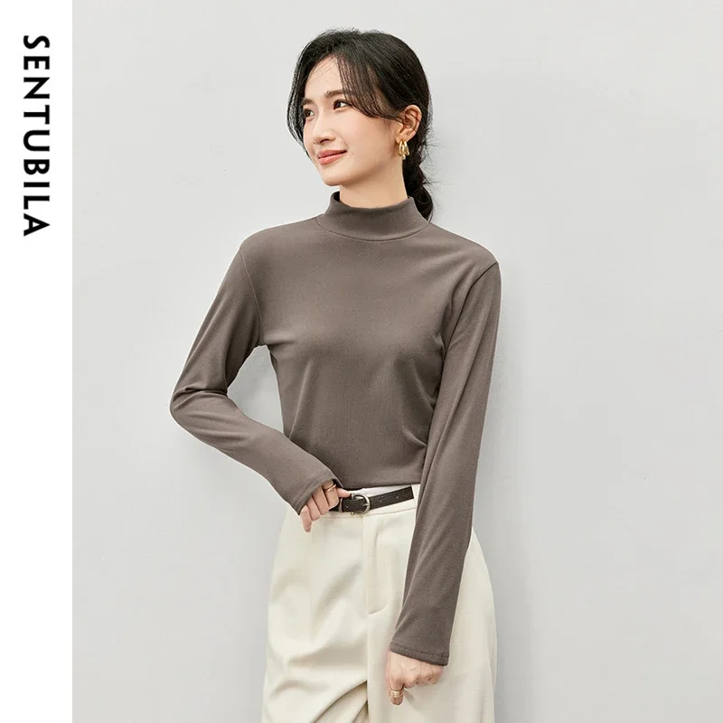 

SENTUBILA Casual Knit Pullovers for Women 2025 Winter Stand Neck Long Sleeve Tops Office Lady Basic Female Clothing W44S57115