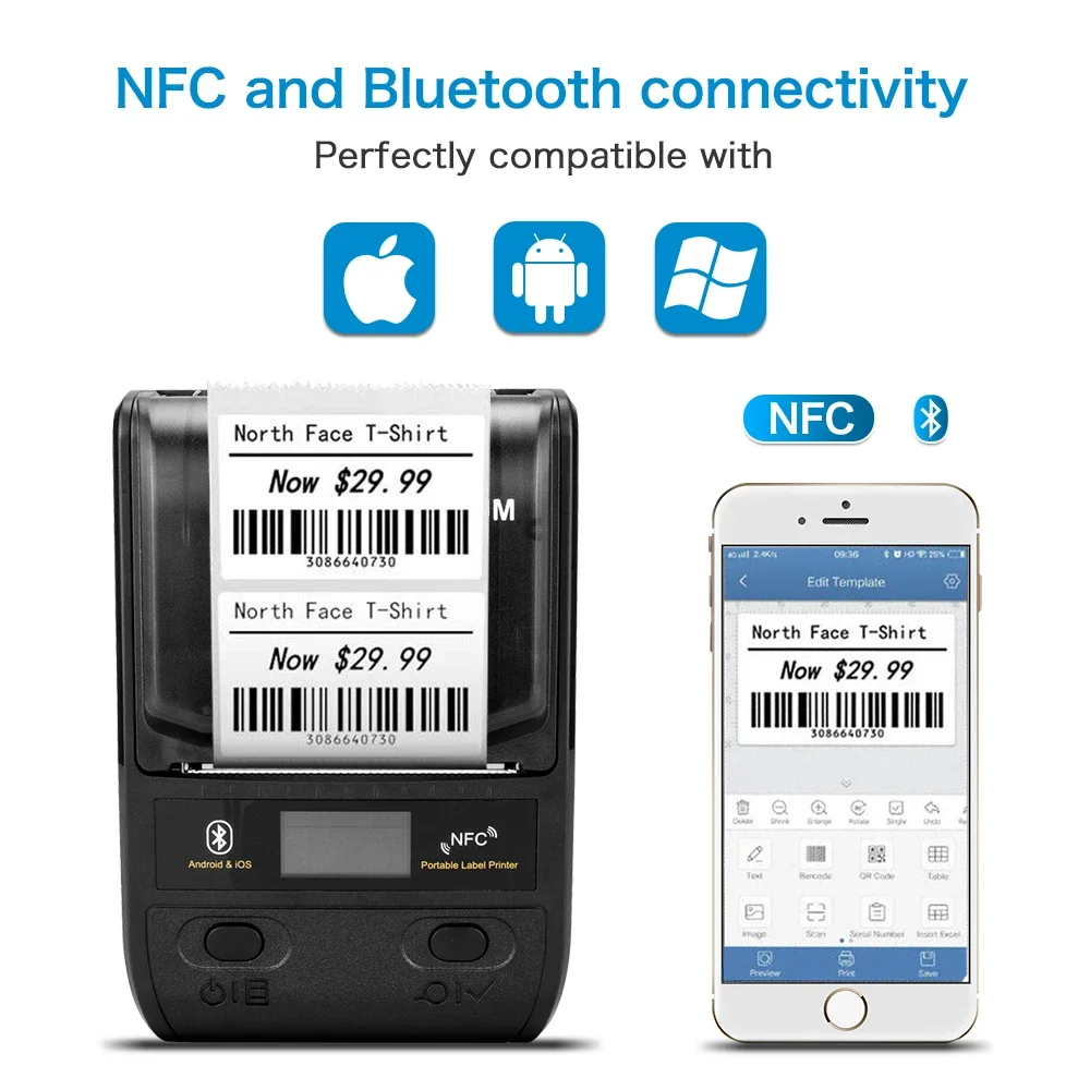 NETUM Printer Bluetooth Thermal Label Printer Mini Portable 58mm Receipt Printer Small for Mobile Phone Ipad Android / iOS G5