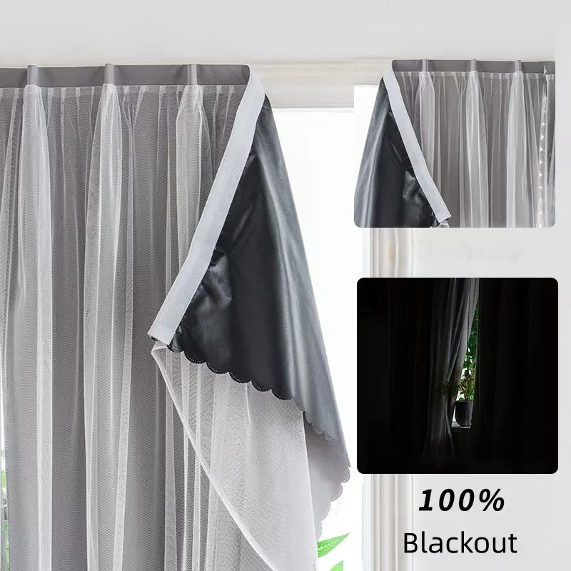 1pc 100% Blackout Double layer Curtain, Self-Adhesive No Drilling Required, Sunlight Blocking Heat Insulation Privacy Protection