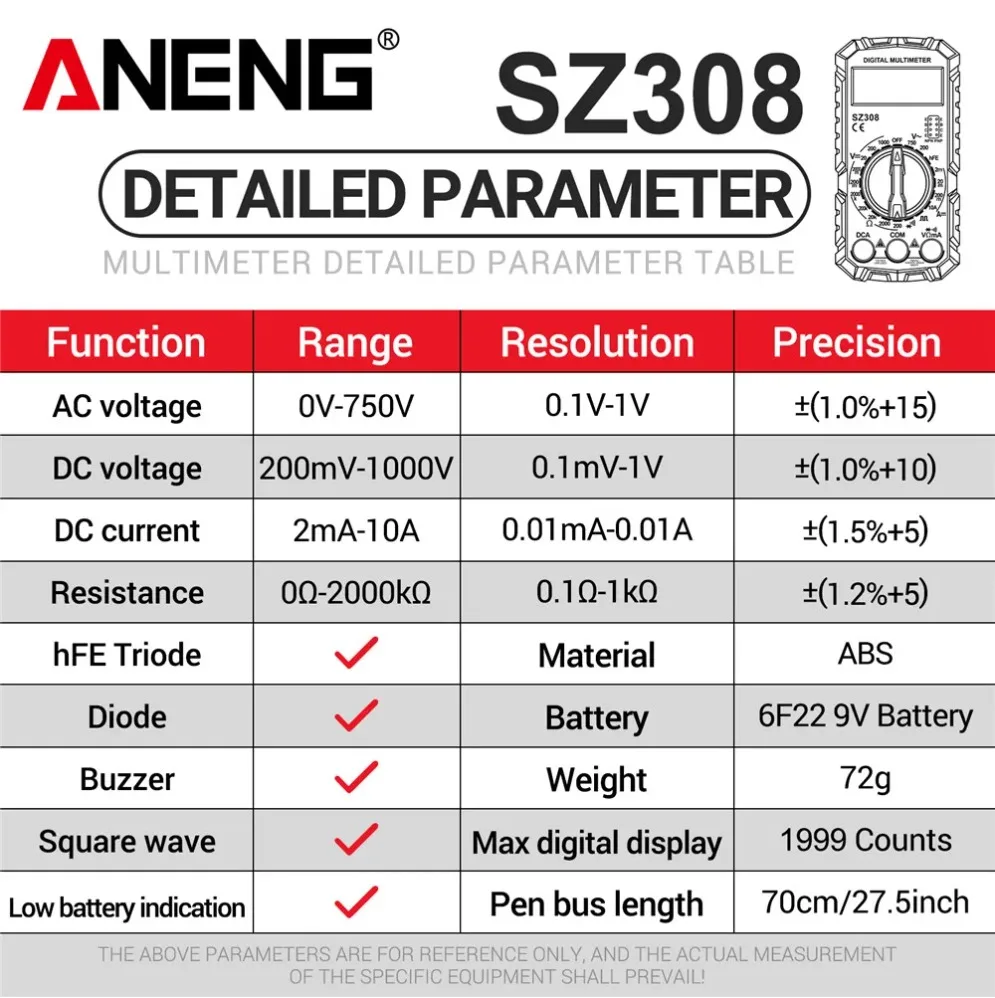 

ANENG SZ308 Digital Multimeter AC/DC Current Meter Voltage Resistance Meter Electrician LCD Backlight Ohm Square Wave Test