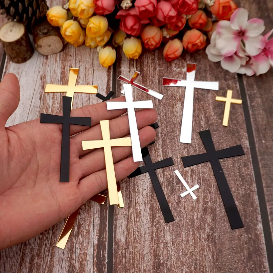 20pcs/lot Small Acrylic Gold Mirror Cross Silver Sticker 3D DIY Marriage Wall Crosses Home Decoration Guest Gift Accessories