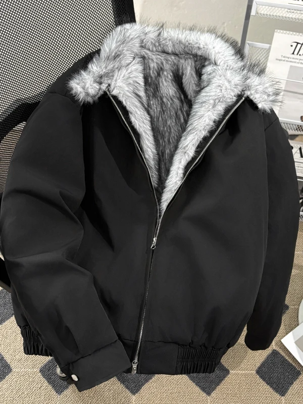 

Men's Thiened Warm Lamb Fur Cotton Jaet Stand Collar Fce Lined Winter Coat American Sle Casual Long Sve Coat