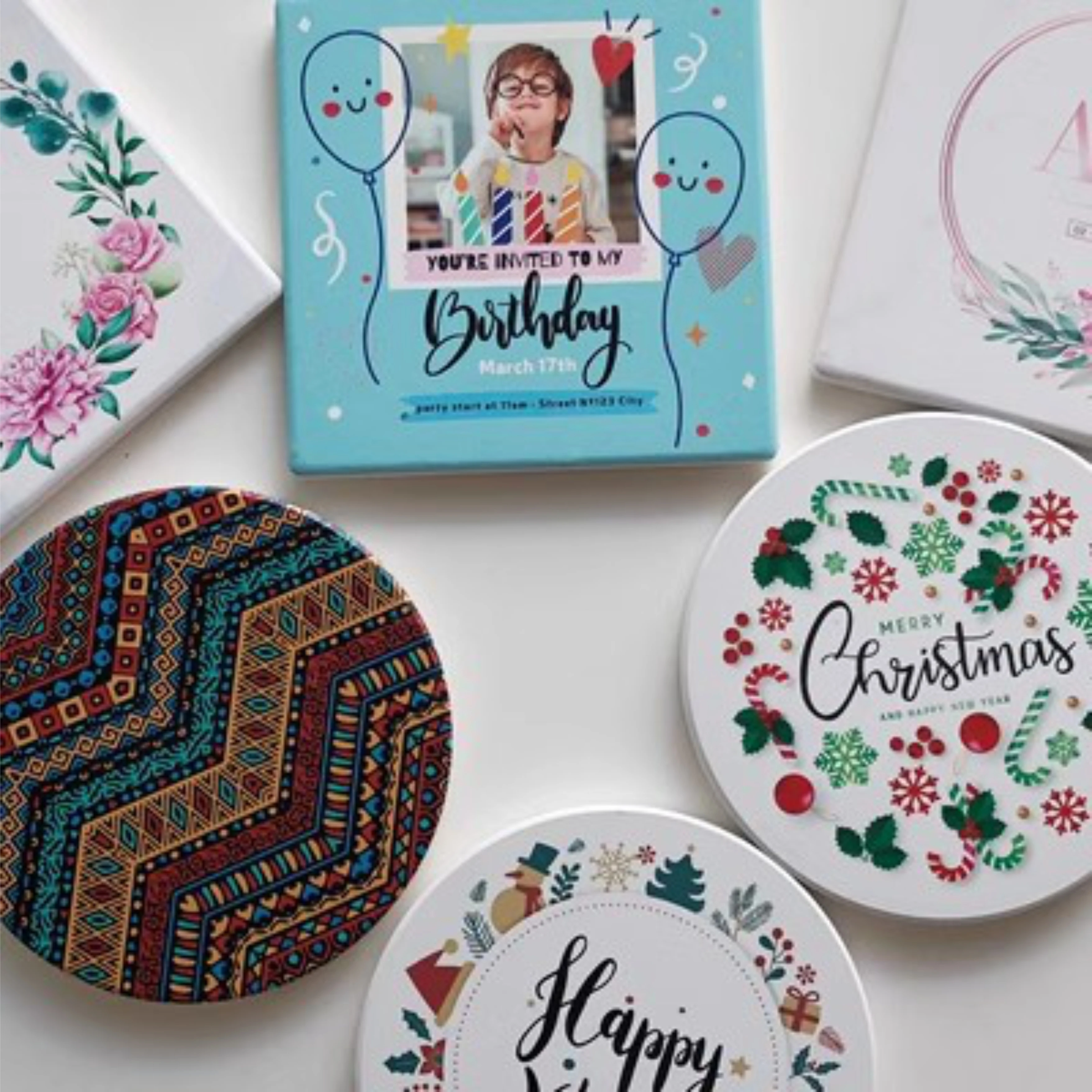 Ceramic Coaster with Customized Print Logo,  Cork Backing Cup, Mug Mat, Pad for Kitchen Desk, Photo Text, DIY