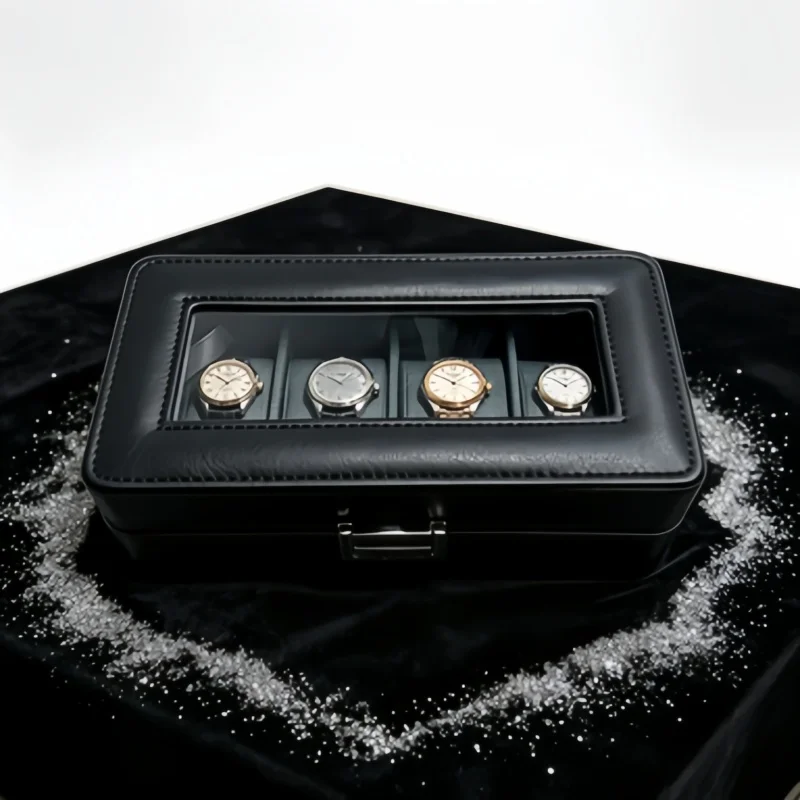 Minimalist 4 Slot Watch Box for Men, Lockable Leather Watch Organizer + Self-Closing Storage Bag 2Pcs Set