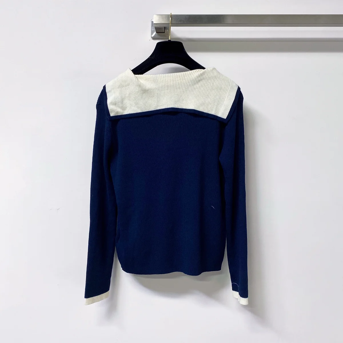 2026 High-Quality Women's Navy Collar Knit Top with Color Blocking--2681271
