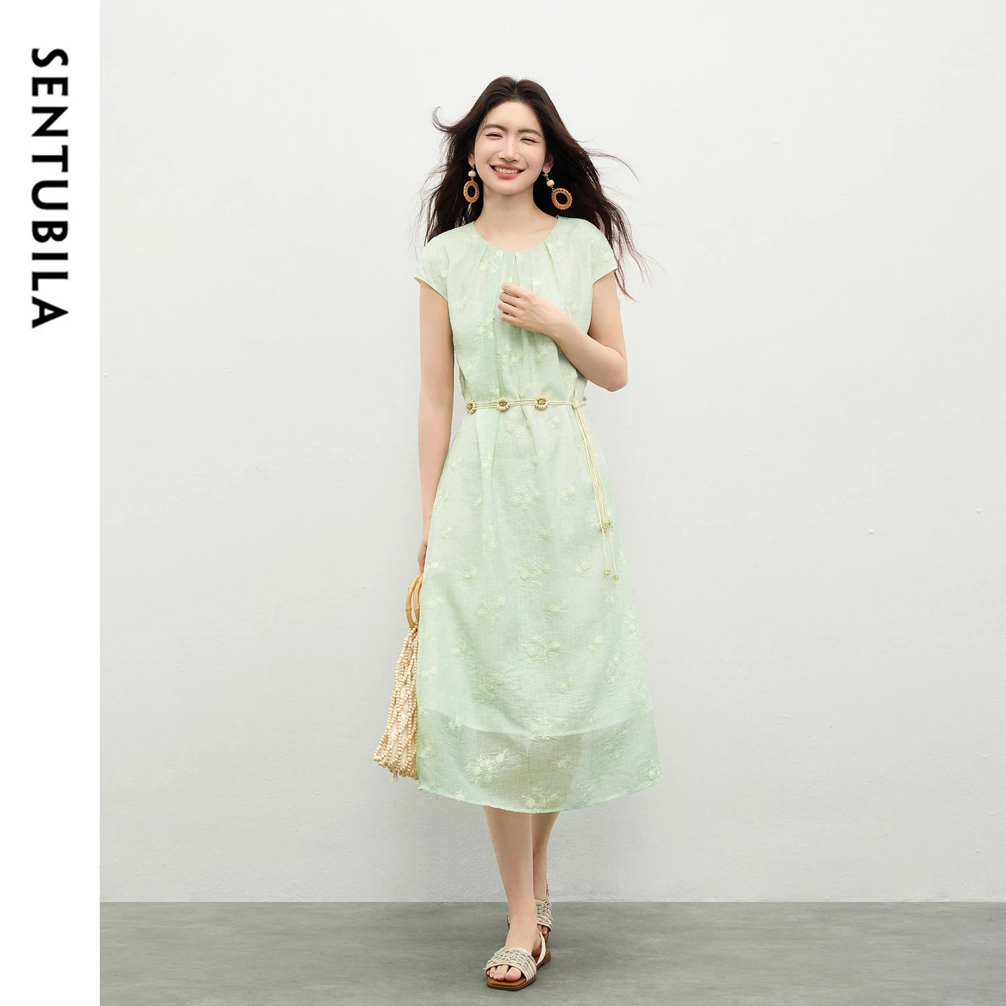 

SENTUBILA Women's Bohemian Dress 2026 Summer Fashion Floral Vine Embroidery Detachable Belt Loose Straight Midi Dress 162LO6302